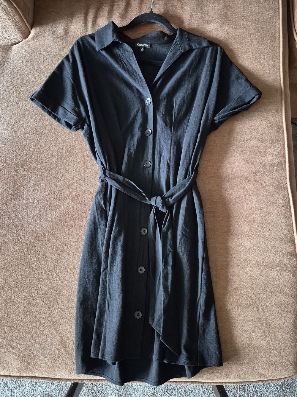 Black Button-Front Shirt Dress with Tie Waist - Classic Comfort
